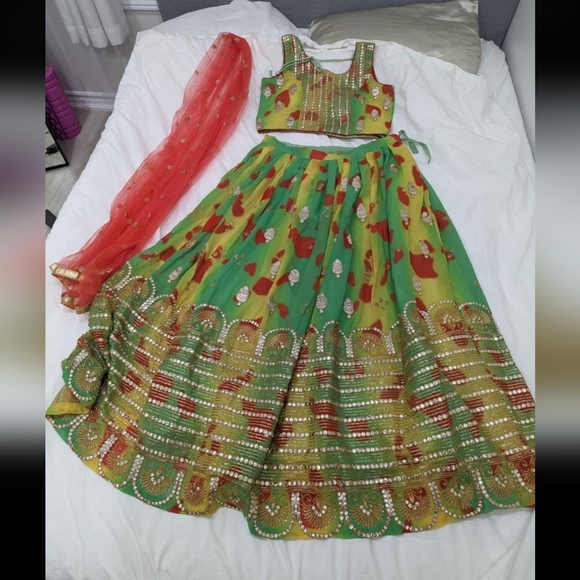 Sangeet / Mehndi green, yellow, red lengha choli - Picture 1 of 9